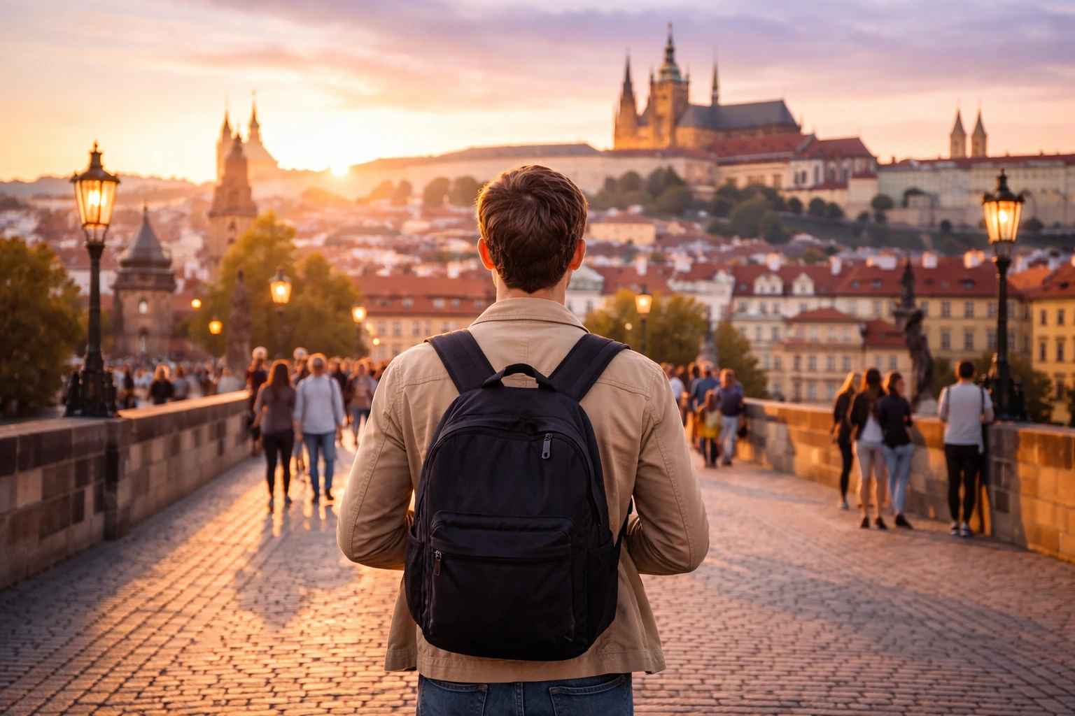 International student standing on Charles Bridge in Prague at sunset, representing student visa support in the Czech Republic.