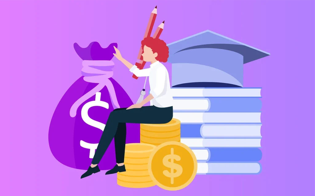 Vector illustration representing a change of purpose of stay to study in the Czech Republic, featuring a student sitting on gold coins next to a stack of books, a graduation cap, and a money bag on a purple background.