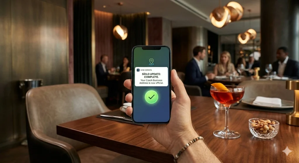 First-person view of a hand holding a smartphone with a successful Wise Expats Sídlo update notification, sitting at a fine dining restaurant table with a cocktail.