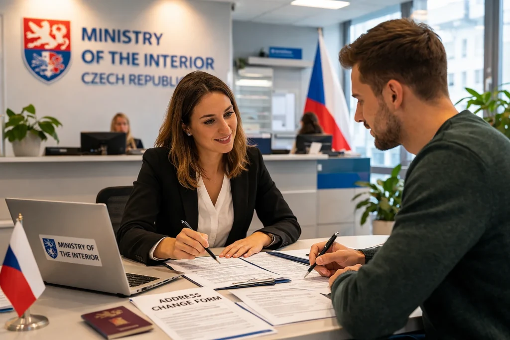 EU citizen updating registered address with immigration consultant at the Ministry of the Interior office in Prague