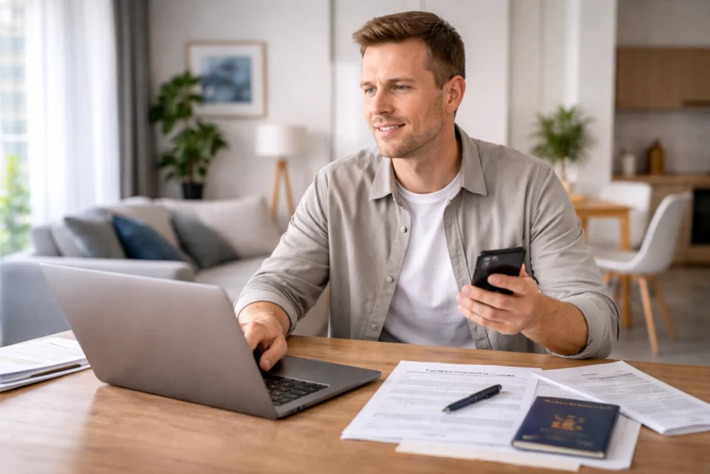 Non-EU foreigner updating address details online with documents and passport at home in the Czech Republic