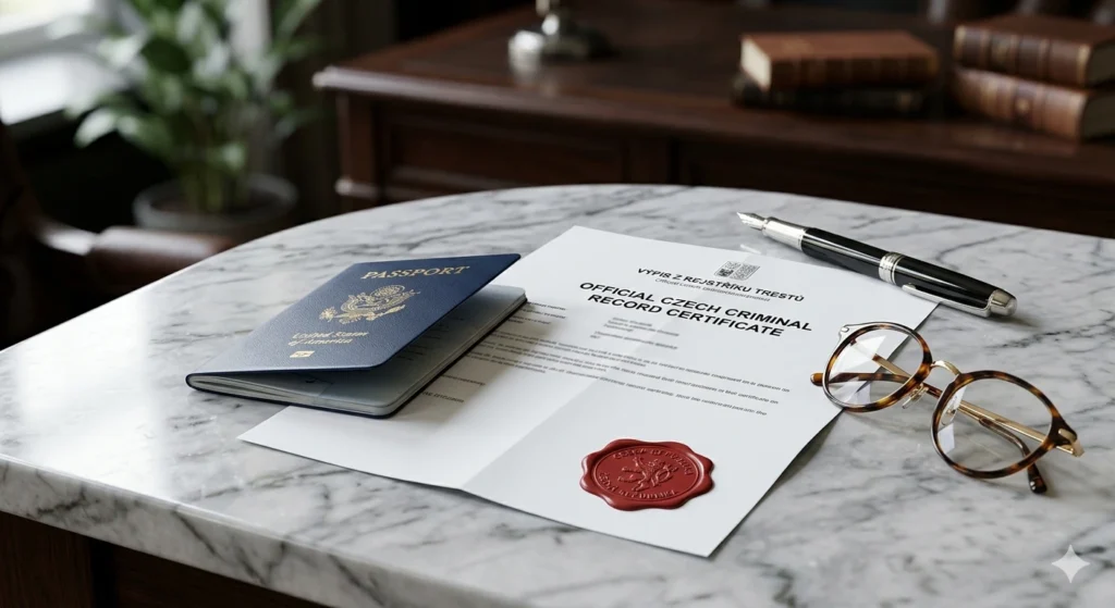 Official Czech Criminal Record Certificate (Výpis z Rejstříku Trestů) with a red seal, a passport, and a professional fountain pen on a marble desk.