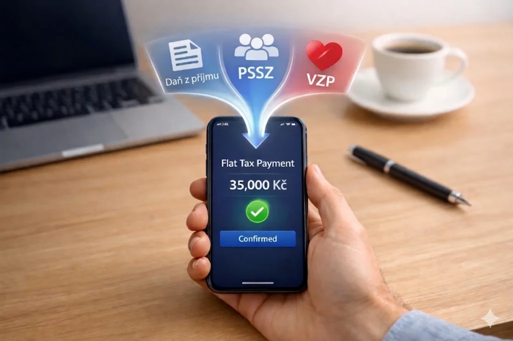 Smartphone displaying a confirmed Czech Flat Tax payment of 35,000 Kč, combining Daň z příjmu, PSSZ, and VZP into one monthly transfer for OSVČ.