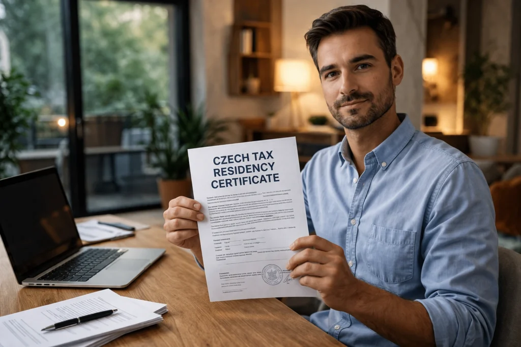 A professional male consultant sitting at a desk holding an official Czech Tax Residency Certificate in front of a laptop.