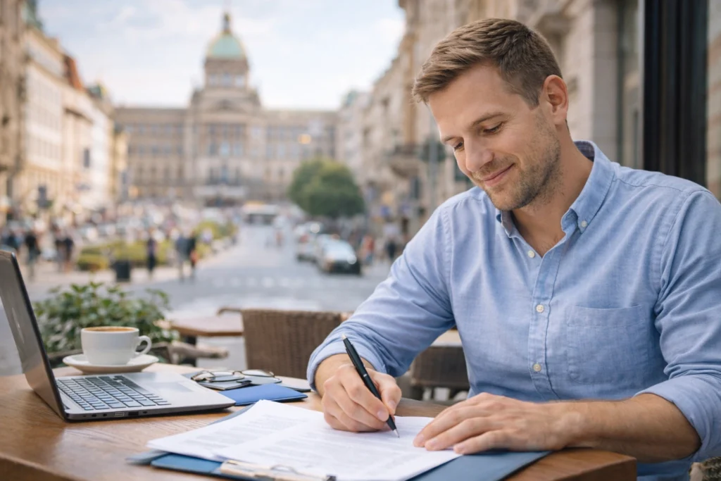 EU citizen completing temporary residence paperwork in Prague café in the Czech Republic