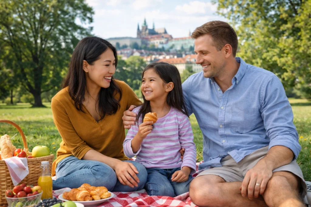 Non-EU family member and EU citizen family enjoying life in Prague after receiving Czech residence permit