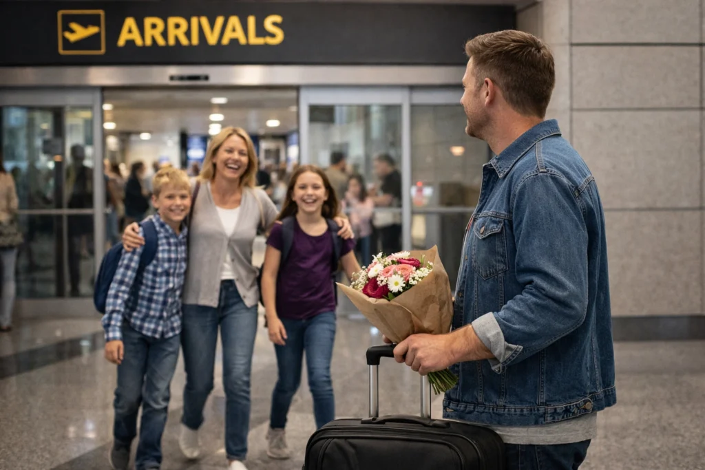 American family reuniting at the airport during arrival in the Czech Republic