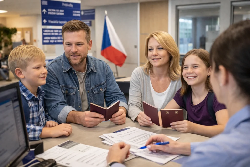 Non-EU family meeting with an immigration officer during a family visa extension appointment in the Czech Republic