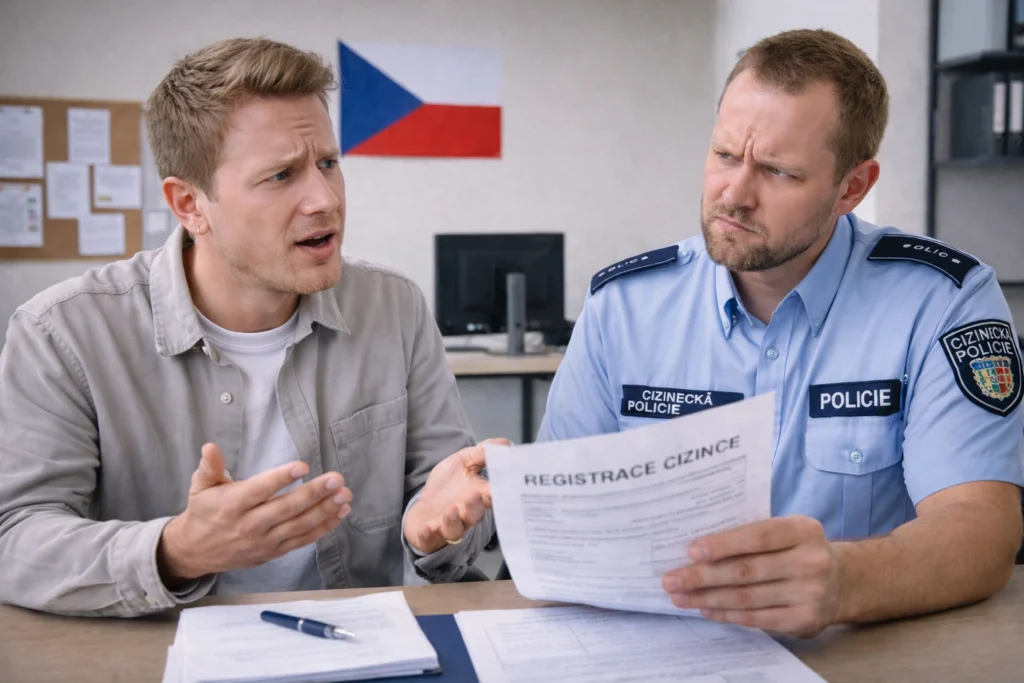 Non-EU foreigner speaking with a Czech Foreign Police officer during registration in the Czech Republic