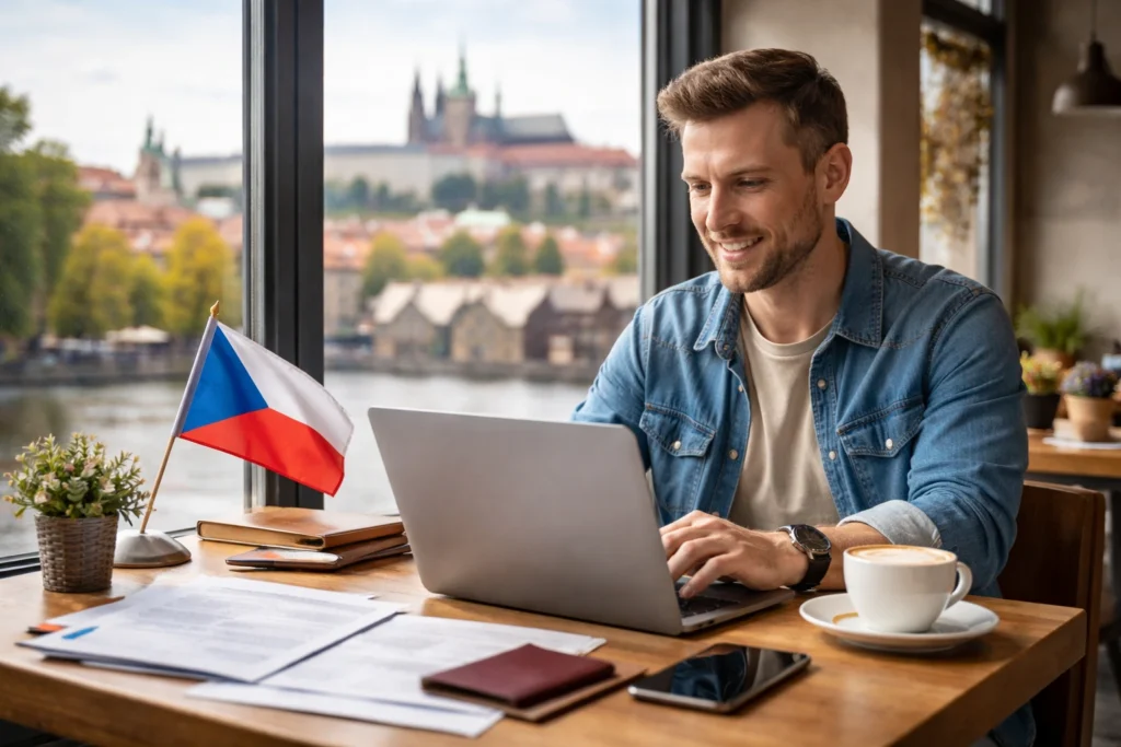 Non-EU freelancer working on a laptop in a Prague café while preparing documents for a Czech freelancer visa