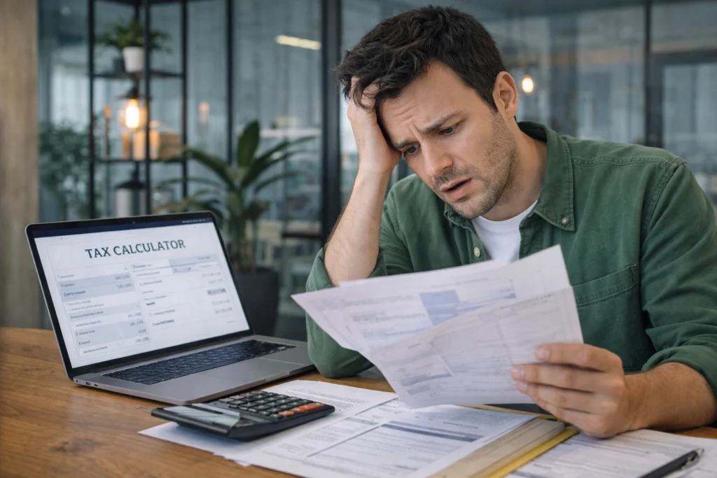 expat is confused while reviewing tax documents and using a tax calculator on a laptop in the Czech Republic