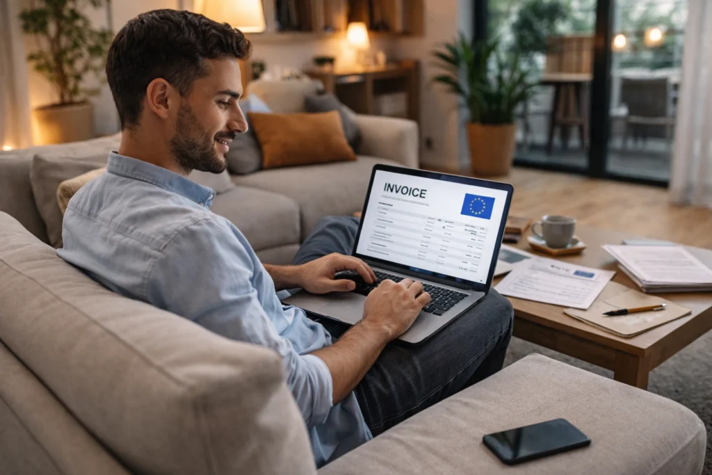 Freelancer working on laptop reviewing EU invoice and managing Light VAT reporting in the Czech Republic