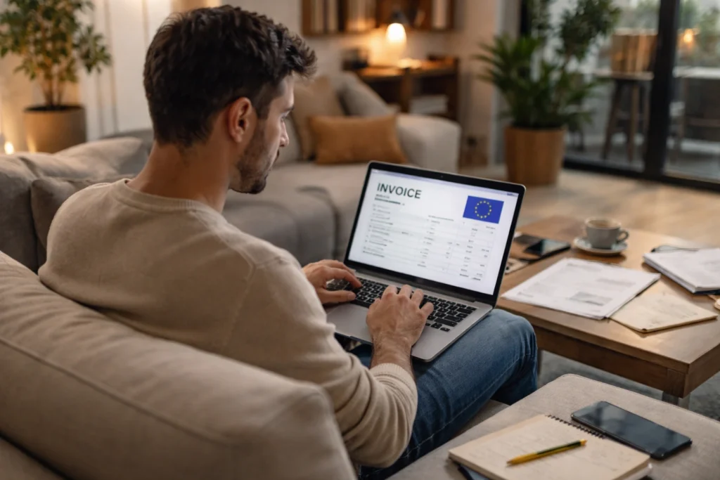 Mediterranean freelancer reviewing EU invoice on laptop while sitting on a sofa, representing Light VAT registration in the Czech Republic