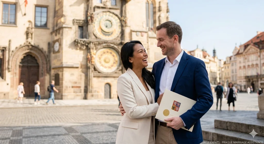International couple holding an official document folder in front of Prague Old Town Hall, representing legal marriage assistance for foreigners.