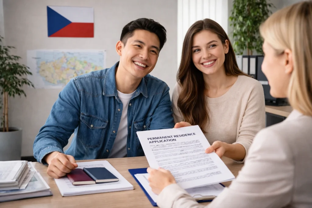 Non-EU couple submitting a permanent residence permit application at an immigration office in the Czech Republic