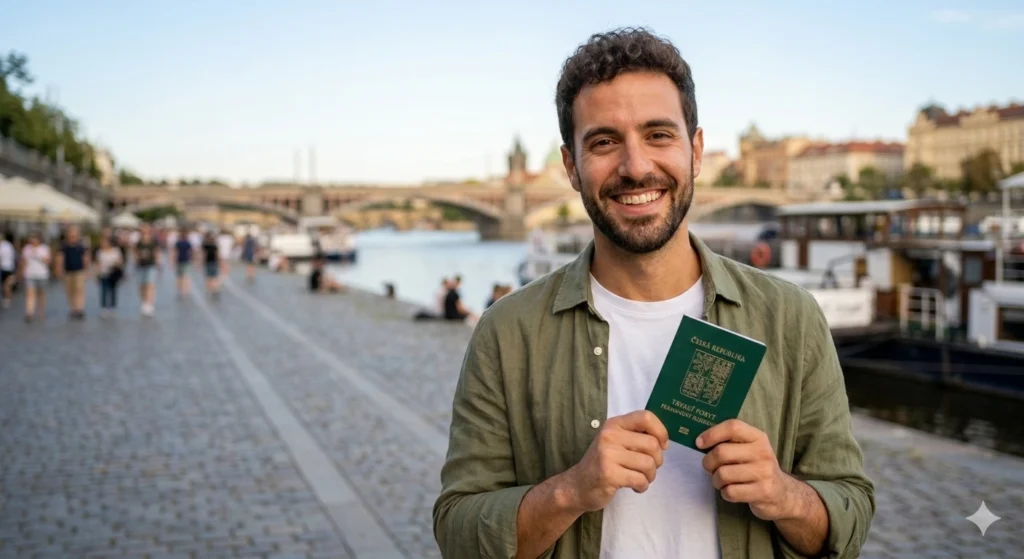 EU citizen expat in Prague holding residence documents after receiving permanent residence in the Czech Republic
