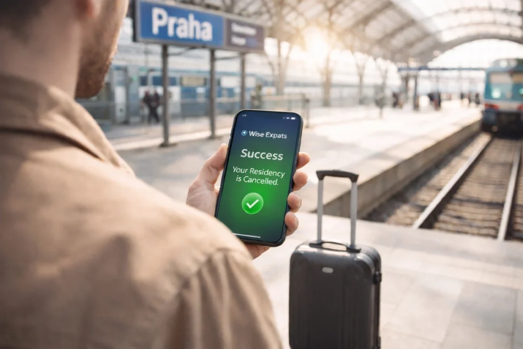 Person at Prague train station checking phone showing residency cancellation confirmation with suitcase, symbolizing relocation and legal exit from Czech Republic