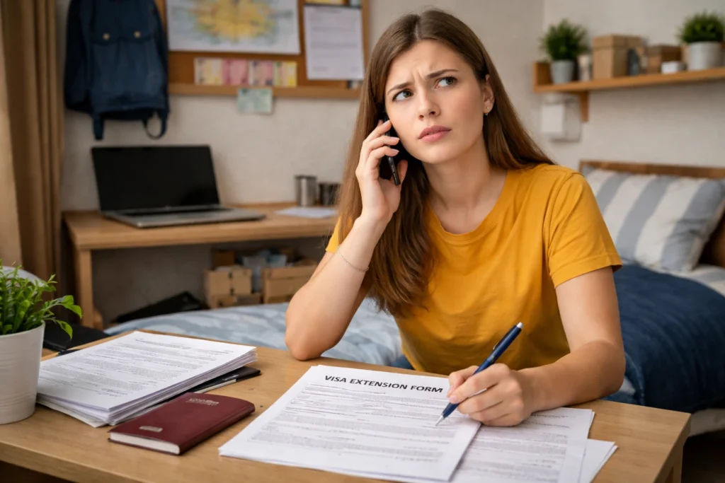 International student in a dorm room filling out a student visa extension form while speaking on the phone in the Czech Republic
