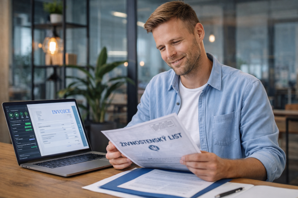 Freelancer reviewing trade license documents and invoice details while restarting business activity in the Czech Republic