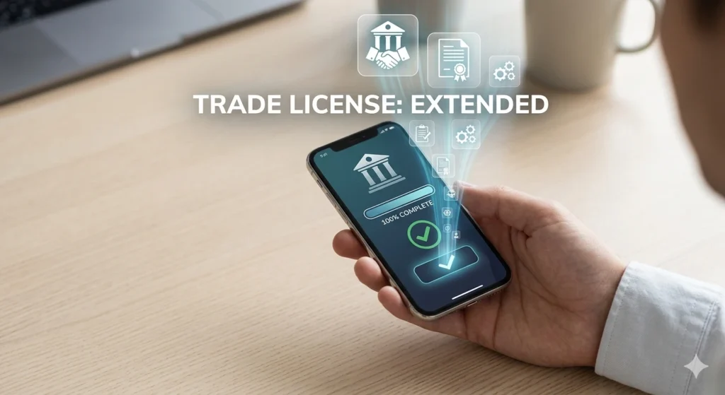 A hand holding a smartphone showing a 100% complete digital confirmation of a Czech Trade License extension (Živnostenský list) with floating professional icons.
