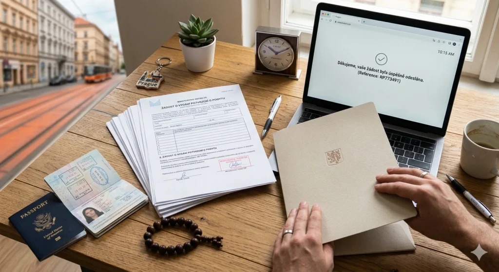 A high-quality photo of a desk in Prague with an open U.S. passport, prayer beads, a stack of 'Žádost o vydání potvrzení o pobytu' forms with a signature, and a laptop displaying the 'Processing' status of the application on the official Ministry of Interior portal.