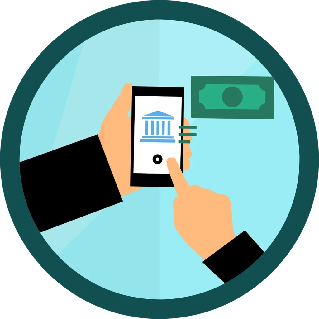 Circular graphic illustration of a person using a mobile banking app on a smartphone to view a bank building icon, with a floating green banknote, representing digital financial proof for a Czech student visa application.