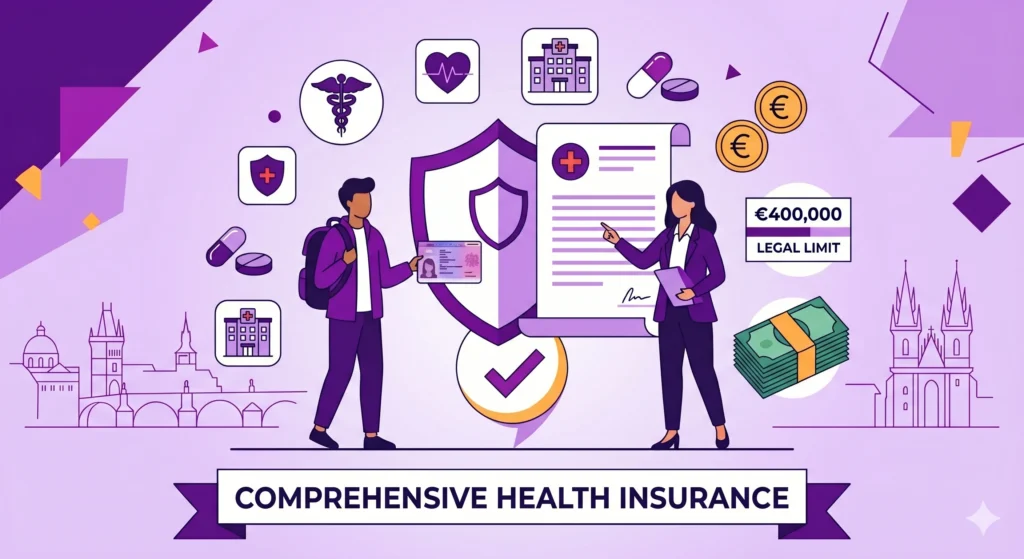 Illustration representing commercial health insurance in the Czech Republic, featuring healthcare cross symbols, checkmarks, and a document folder representing visa compliance.