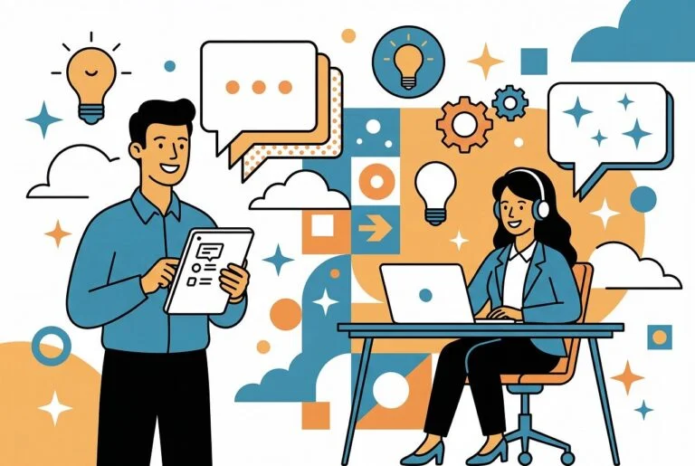 Flat line vector illustration representing a Czech integration course and advisory service, featuring a man with a tablet and a woman with a laptop discussing immigration guidelines and compliance.