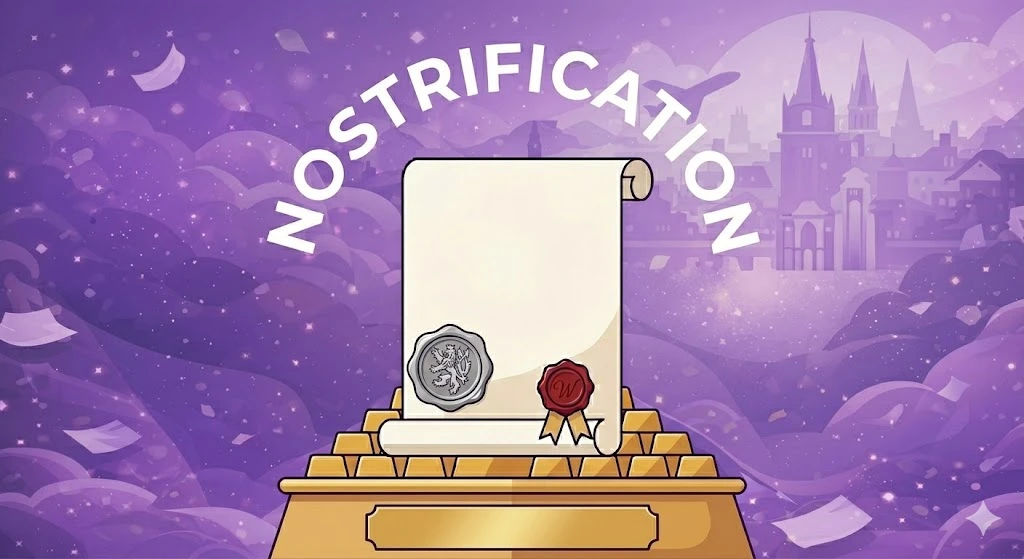 A minimalist illustration featuring a blank diploma scroll with a red wax seal under the arched text NOSTRIFICATION, set against a brand-aligned purple backdrop with a subtle Prague city skyline.