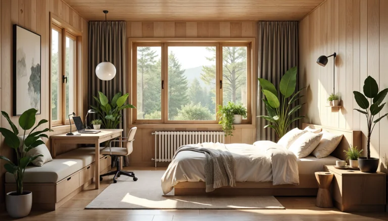 Realistic interior view of a bright, modern studio apartment in Prague featuring wood paneling, a large window overlooking trees, a study desk with a laptop, and a bed with neutral linens.