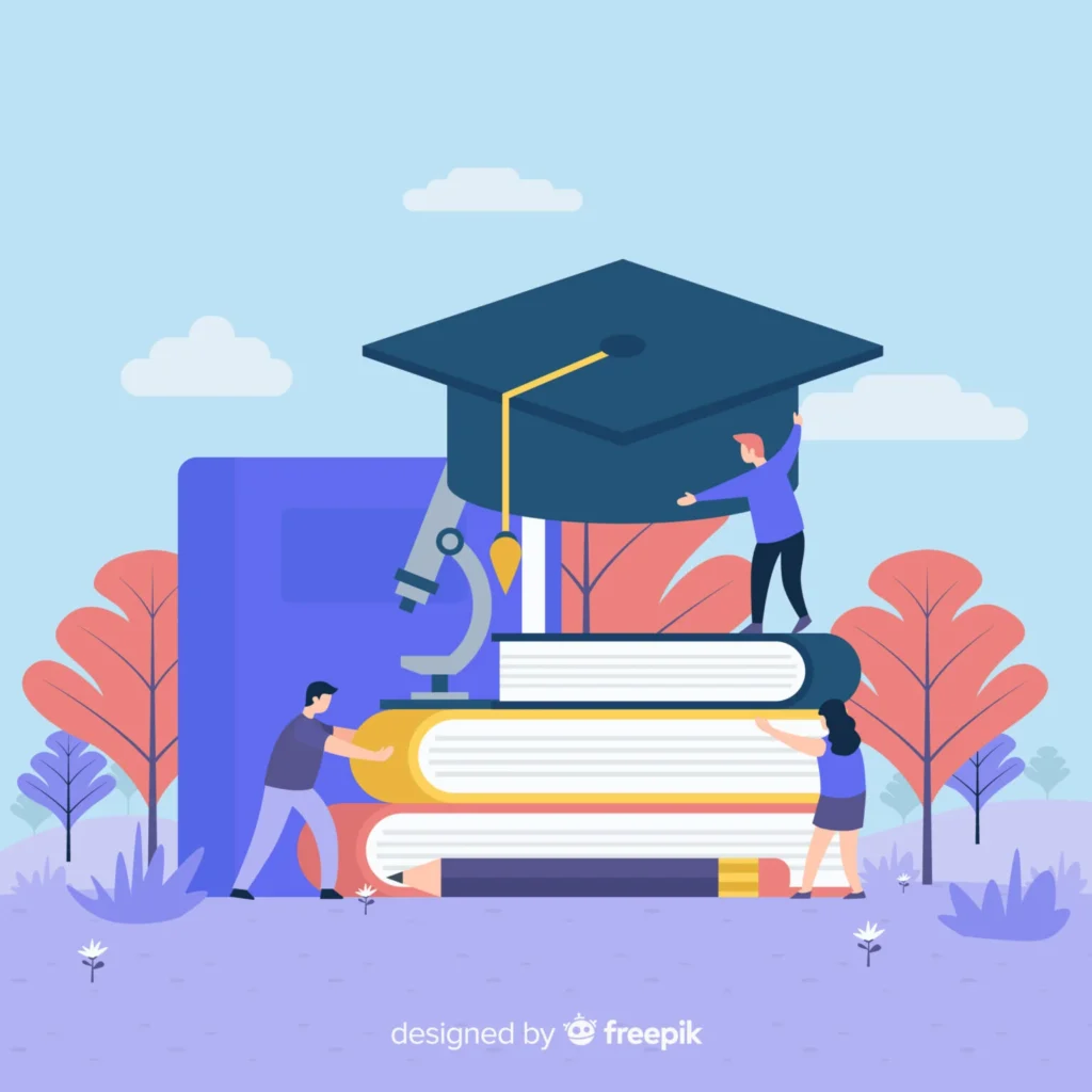 Flat vector illustration depicting student life in Prague with miniature students climbing a stack of textbooks, adjusting a giant graduation cap, and standing near a microscope and pencil.
