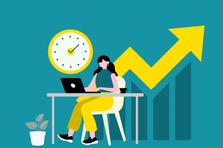 Vector illustration of a woman working on a laptop at a desk with a large yellow clock and a rising growth chart arrow, representing work rights and hourly limits for a non-EU student in the Czech Republic.