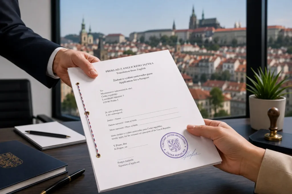 A legally recognized Czech court translation with a round notary stamp and a blurred view of Prague Castle in the background.