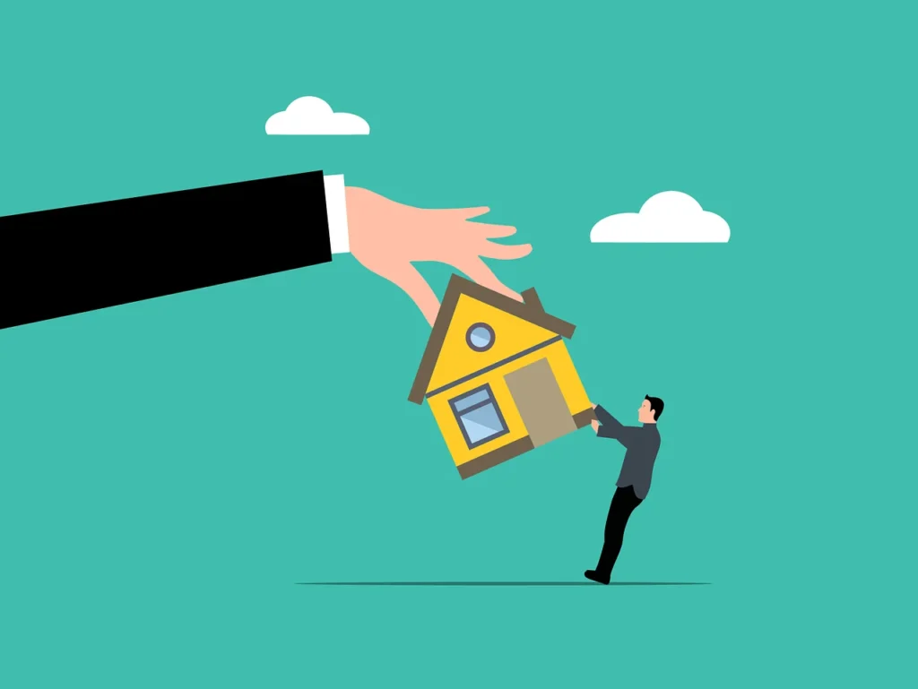 check-apartment-ownership-czech-republic A flat vector illustration showing a large hand in a black business suit lifting a yellow house away from a man trying to hold onto it, representing rental contract fraud and the importance of verifying property ownership.