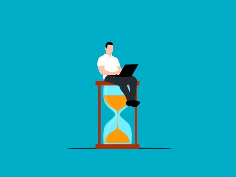 A flat vector illustration of a man sitting with a laptop on top of a large hourglass with orange sand running through it, set against a solid turquoise background, representing the 30-day vacancy waiting period.