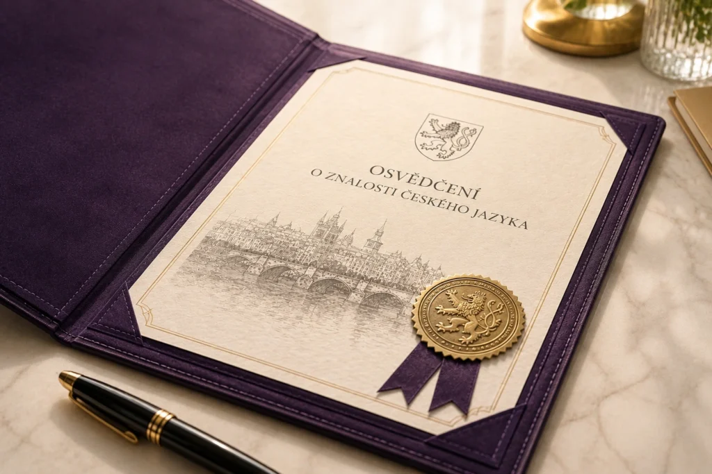 An official Czech language certificate titled Osvědčení o znalosti českého jazyka featuring a sketch of the Prague skyline and a gold embossed lion seal, resting inside a premium open purple leather folder next to a luxury black fountain pen on a white marble desk.