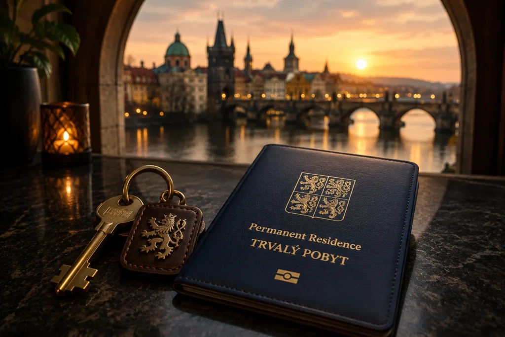 A premium dark blue passport wallet embossed with gold text reading Permanent Residence TRVALÝ POBYT alongside a brass key on a marble table, with a sunset view of the Charles Bridge in Prague through an stone archway.