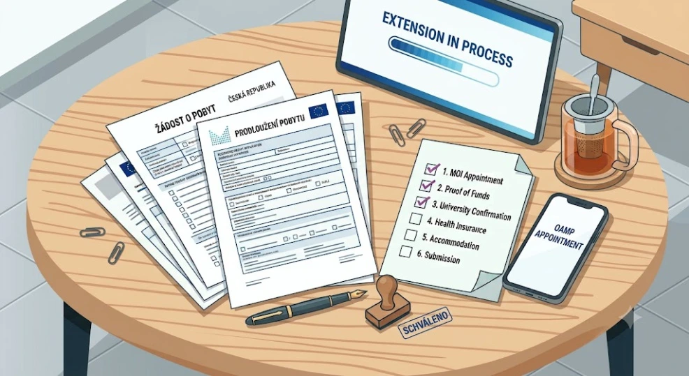 A flat-lay illustration of Czech student visa renewal documents, including MOI forms in Czech, a checklist with steps 1 through 6, a pen, a 'SCHVÁLENO' stamp, and a laptop displaying 'EXTENSION IN PROCESS