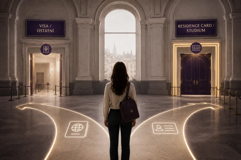 A female student standing at a conceptual crossroads in a grand European hall, choosing between a path to "Visa / Ostatní" on the left and a path to "Residence Card / Studium" on the right.