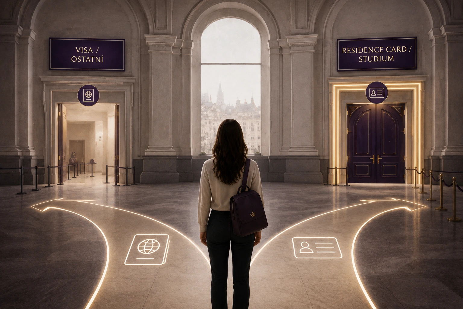 A female student standing at a conceptual crossroads in a grand European hall, choosing between a path to "Visa / Ostatní" on the left and a path to "Residence Card / Studium" on the right.