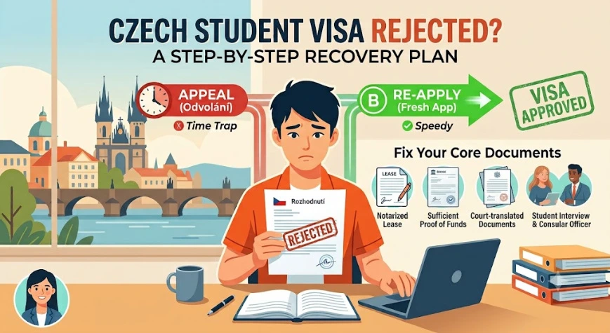 Infographic workflow guide showing steps to recover from a Czech student visa rejection. It compares the 'Path A: Appeal (Odvolání)' time trap against the recommended 'Path B: Re-Apply (Fresh App)' speedy route. The graphic includes a checklist to fix core documents, specifically: Notarized Lease, Sufficient Proof of Funds, Court-translated Documents, and Student Interview preparation, with a background view of Prague, Czechia.