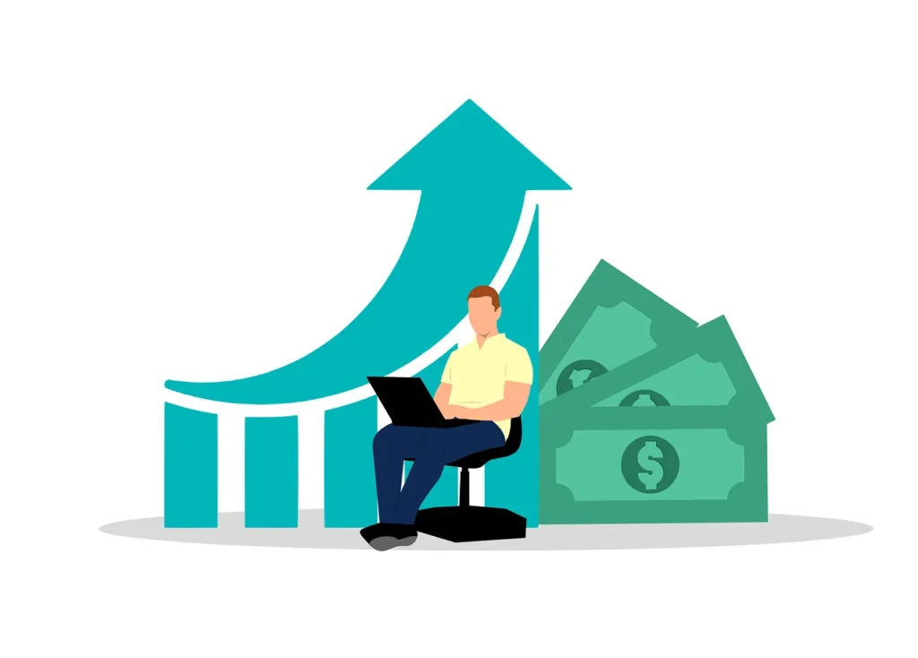 Vector illustration of a freelancer working on a laptop in front of a rising profit arrow and money stacks, representing the simplicity of the flat tax in the czech republic.