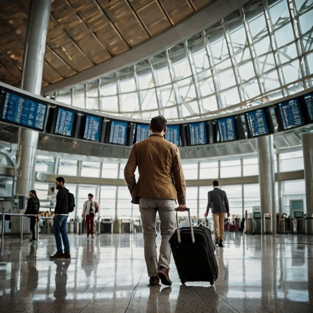 A man with a suitcase walks through a modern airport terminal toward departure gates, symbolizing an expat leaving the Czech Republic.
