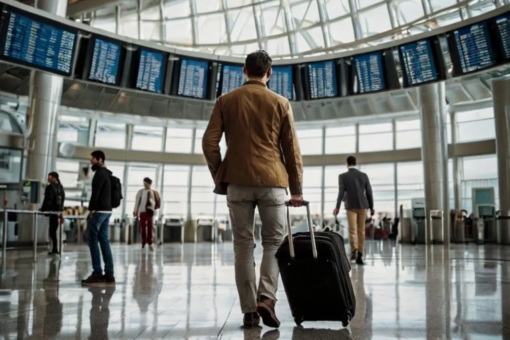 A man with a suitcase walks through a modern airport terminal toward departure gates, symbolizing an expat leaving the Czech Republic.