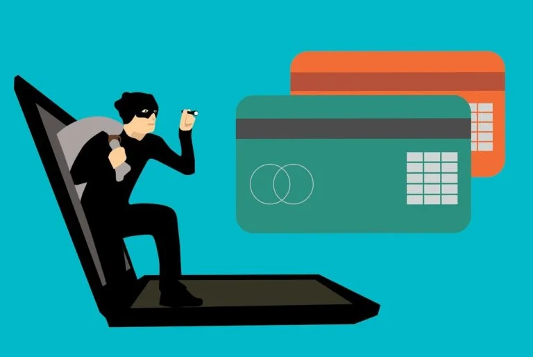 A flat vector illustration of a thief dressed in black crawling out of a laptop screen holding a flashlight and a sack, looking toward floating green and orange credit cards on a solid turquoise background.