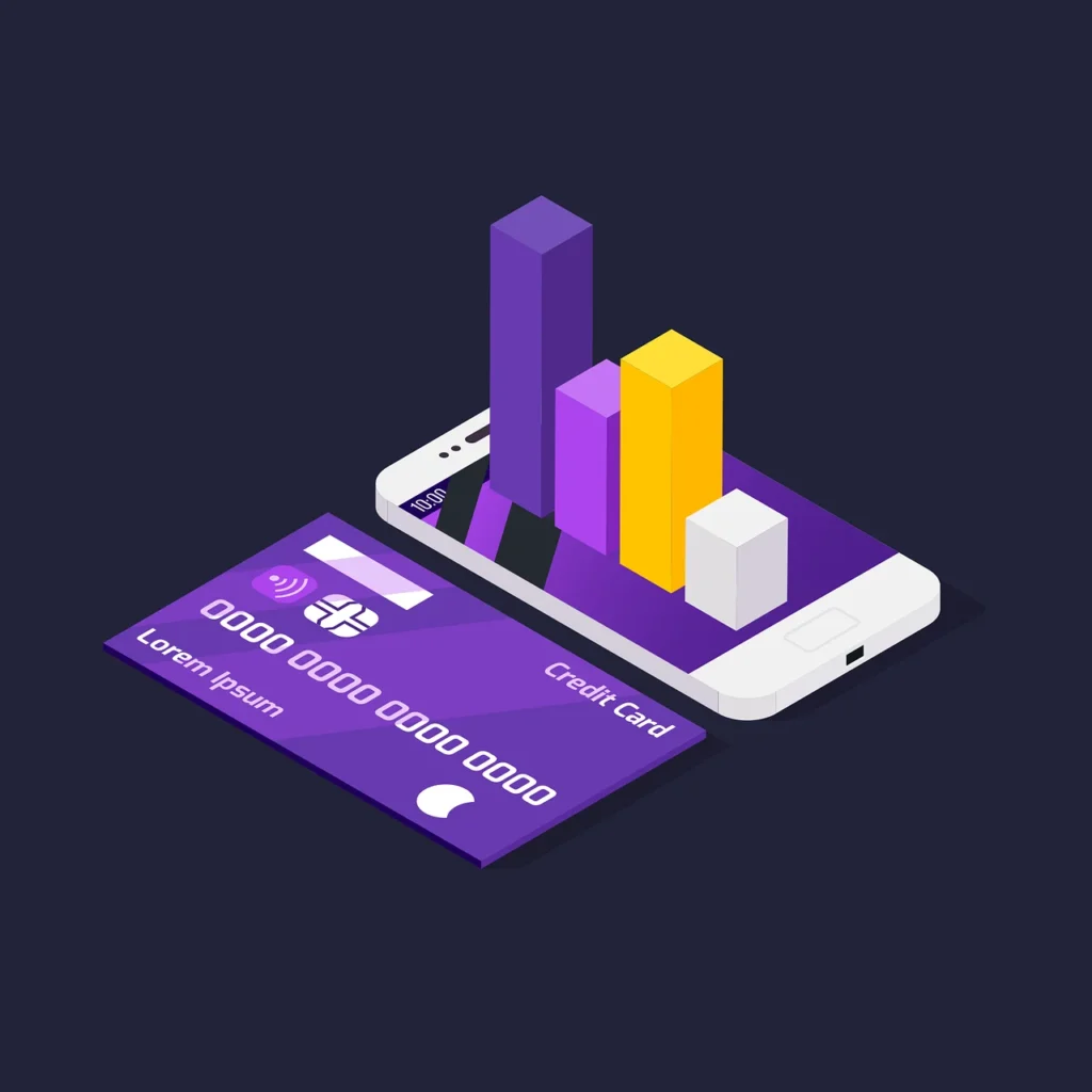 An isometric illustration of a purple credit card alongside a smartphone displaying financial growth charts, representing mobile banking apps in the Czech Republic