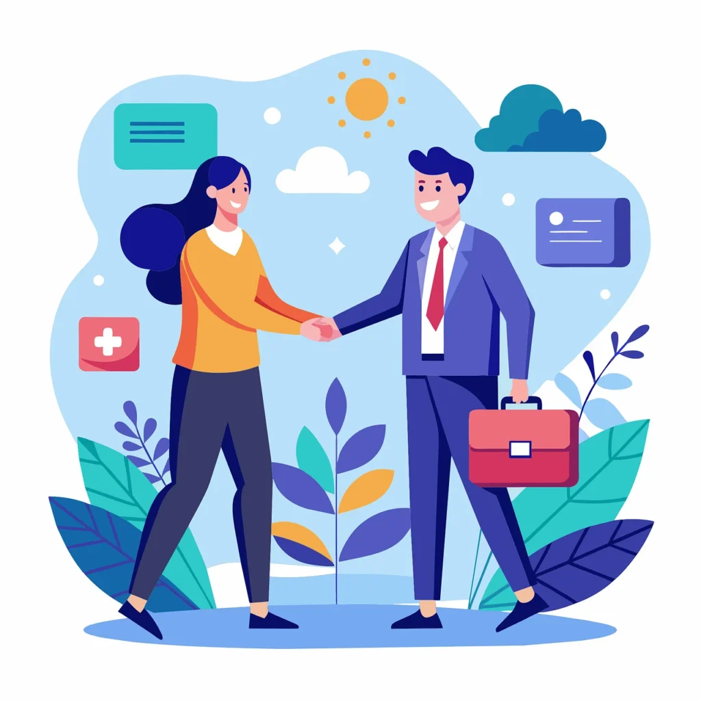 A flat vector illustration of a smiling woman shaking hands with a professional businessman holding a red briefcase, surrounded by colorful leaves, a sun, and business icons on a soft blue background.