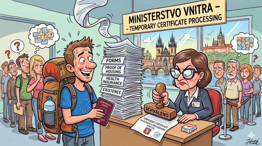 A photograph of a happy young expat holding up a document titled 'POTVRZENÍ O PŘECHODNÉM POBYTU' (Temporary Residence Certificate) with the Czech coat of arms and her EU passport in Prague. Behind her, a sign on an official building reads 'MINISTERSTVO VNITRA' (Ministry of the Interior).