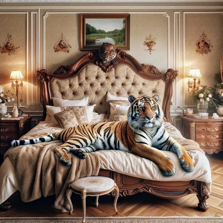 A realistic digital illustration of a large, majestic Bengal tiger lying calmly on a luxurious tufted king-size bed inside an elegant European baroque-style bedroom with ornate wood panelling and parquet flooring.