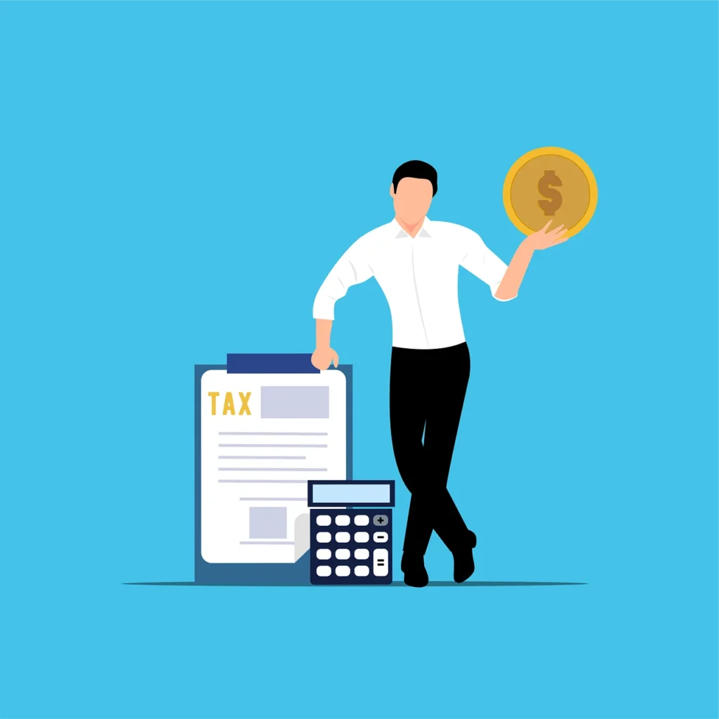Vector illustration of a businessman holding a coin next to a tax clipboard and calculator, representing the application for a tax residency certificate czech republic